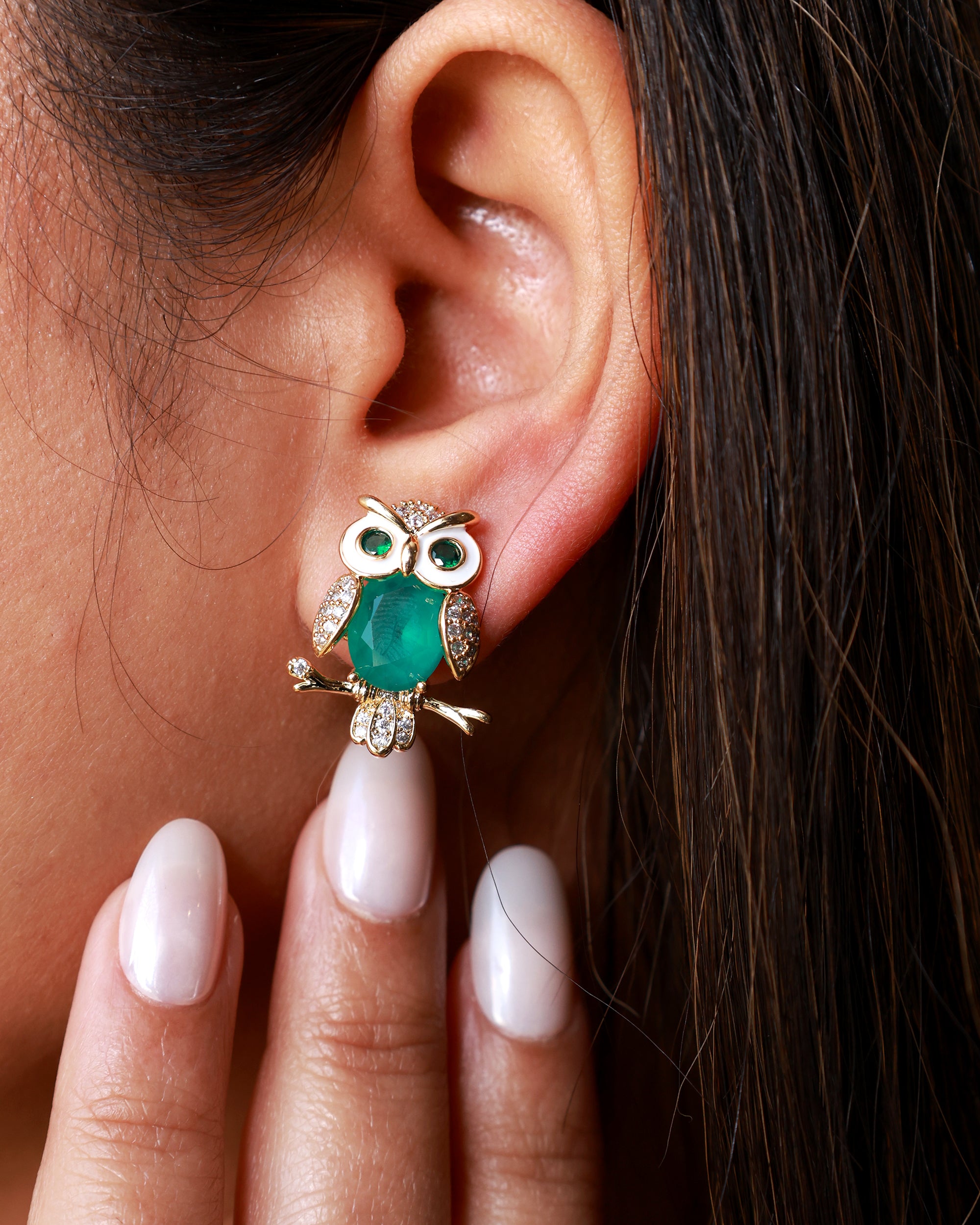 Emerald Perch Owl Studs